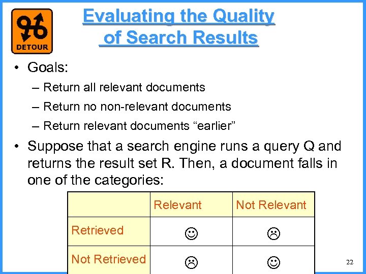 Evaluating the Quality of Search Results • Goals: – Return all relevant documents –