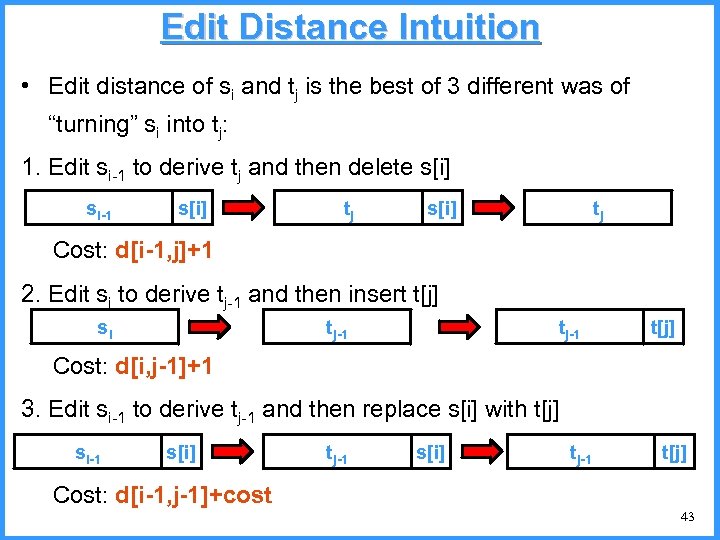 Edit Distance Intuition • Edit distance of si and tj is the best of