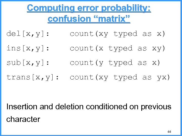Computing error probability: confusion “matrix” del[x, y]: count(xy typed as x) ins[x, y]: count(x
