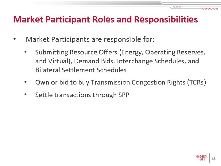 Market Participant Roles and Responsibilities • Market Participants are responsible for: • Submitting Resource