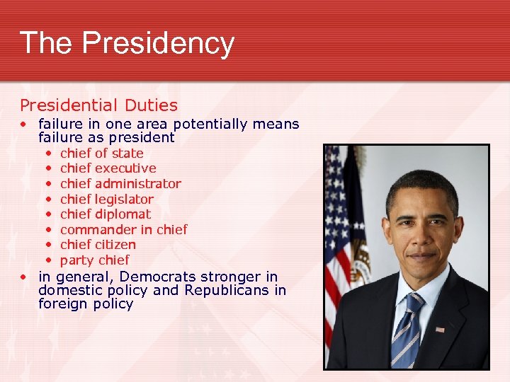 The Presidency Presidential Duties • failure in one area potentially means failure as president