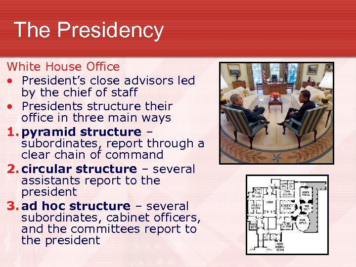 The Presidency White House Office • President’s close advisors led by the chief of