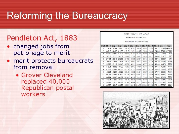 Reforming the Bureaucracy Pendleton Act, 1883 • changed jobs from patronage to merit •