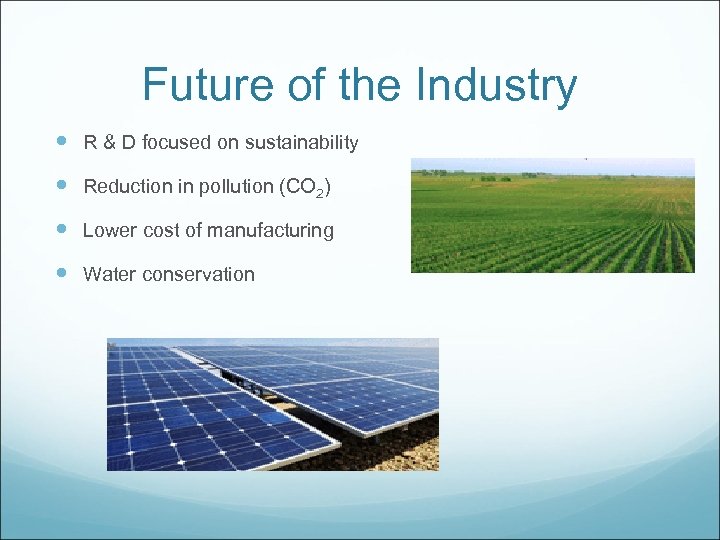 Future of the Industry R & D focused on sustainability Reduction in pollution (CO