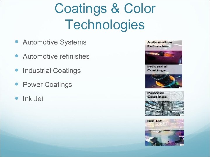 Coatings & Color Technologies Automotive Systems Automotive refinishes Industrial Coatings Power Coatings Ink Jet