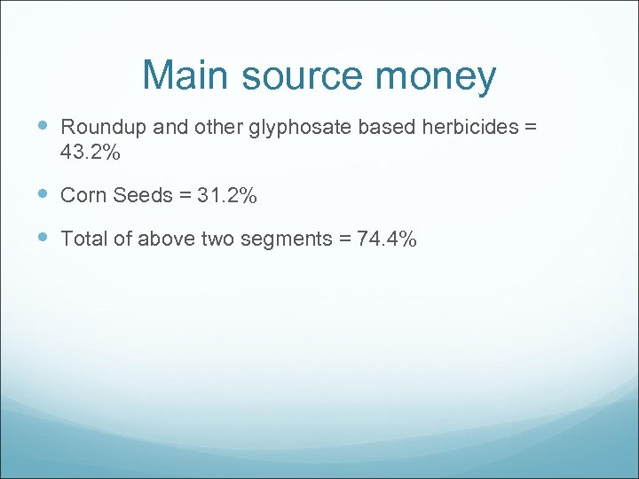 Main source money Roundup and other glyphosate based herbicides = 43. 2% Corn Seeds