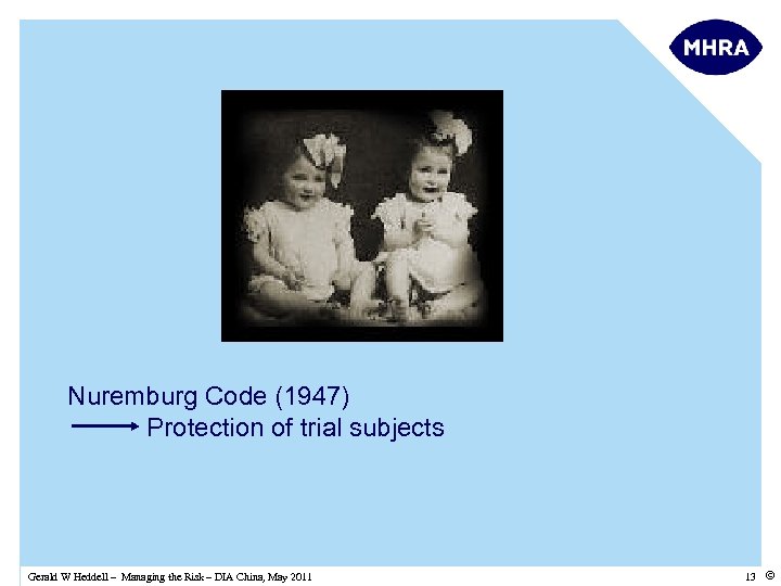 Nuremburg Code (1947) Protection of trial subjects Gerald W Heddell – Managing the Risk