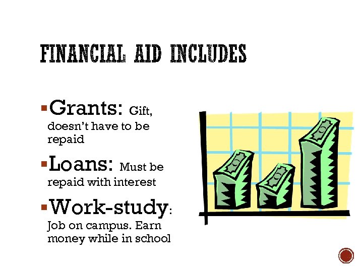 §Grants: Gift, doesn’t have to be repaid §Loans: Must be repaid with interest §Work-study: