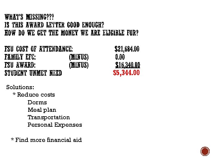 $5, 344. 00 Solutions: * Reduce costs Dorms Meal plan Transportation Personal Expenses *
