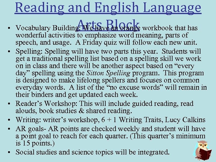 Reading and English Language Arts Block • Vocabulary Building: We have an orange workbook