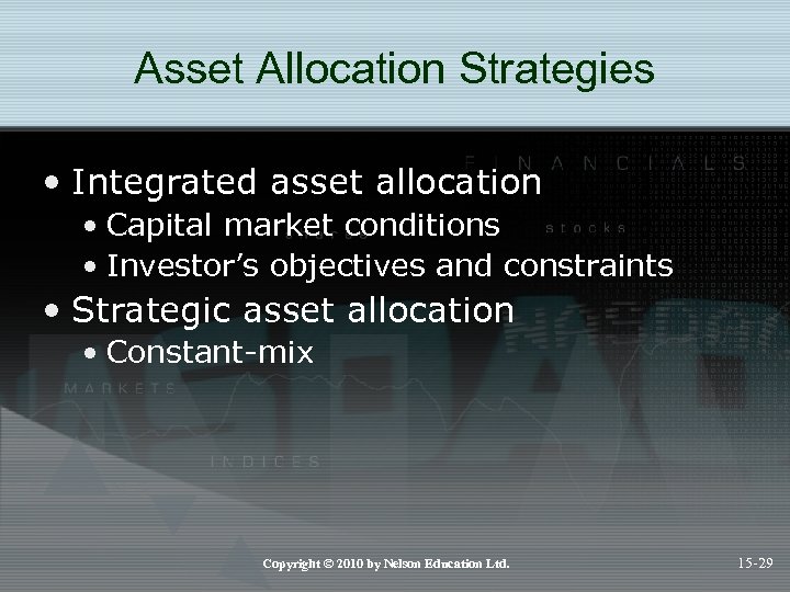 Asset Allocation Strategies • Integrated asset allocation • Capital market conditions • Investor’s objectives