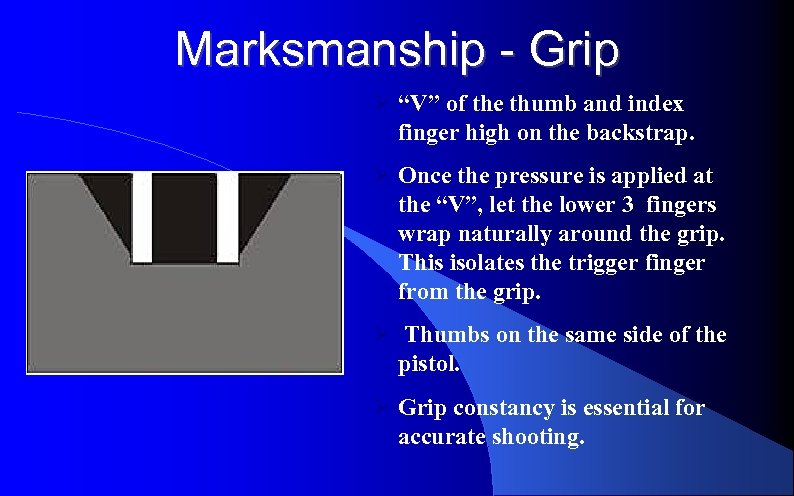 Marksmanship - Grip “V” of the thumb and index finger high on the backstrap.