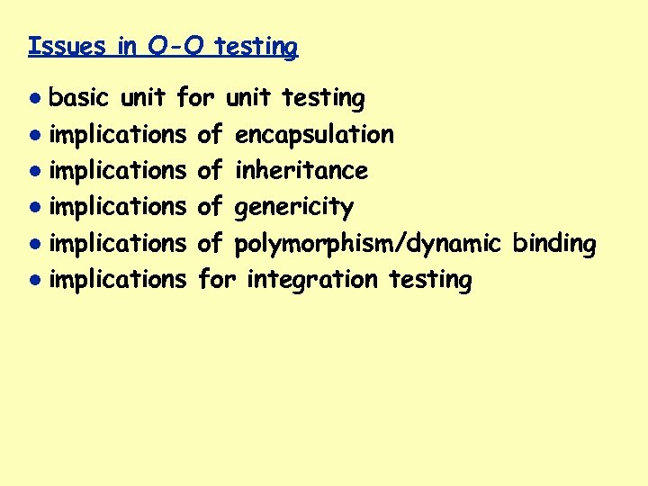 Issues in O-O testing basic unit for unit testing implications of encapsulation implications of