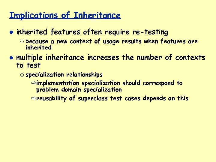 Implications of Inheritance inherited features often require re-testing ¡ because a new context of
