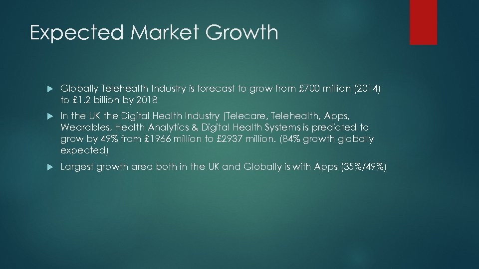 Expected Market Growth Globally Telehealth Industry is forecast to grow from £ 700 million