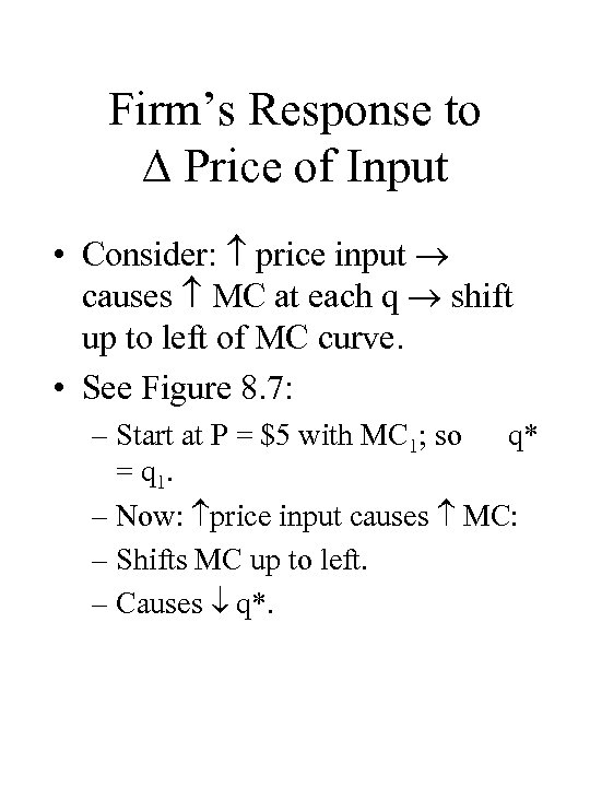 Firm’s Response to Price of Input • Consider: price input causes MC at each