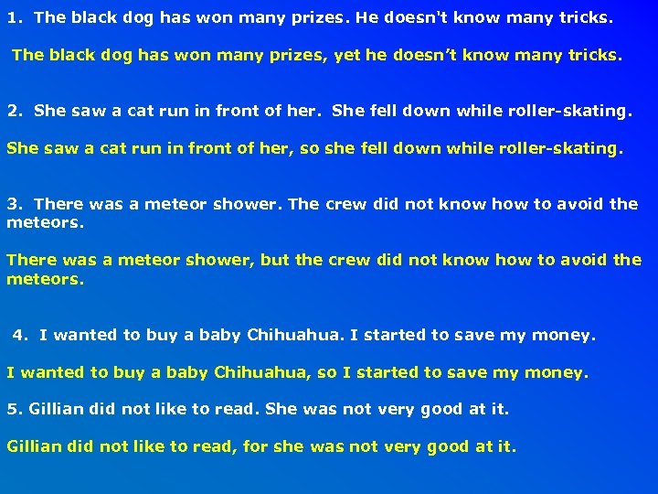 1. The black dog has won many prizes. He doesn't know many tricks. The