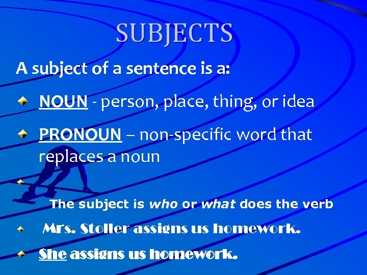SUBJECTS A subject of a sentence is a: NOUN - person, place, thing, or