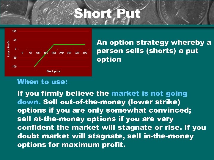 Short Put An option strategy whereby a person sells (shorts) a put option When