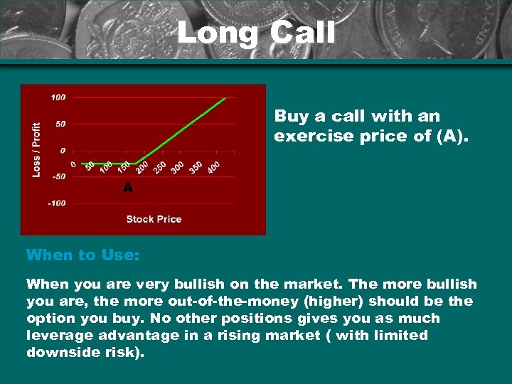 Long Call Buy a call with an exercise price of (A). A When to