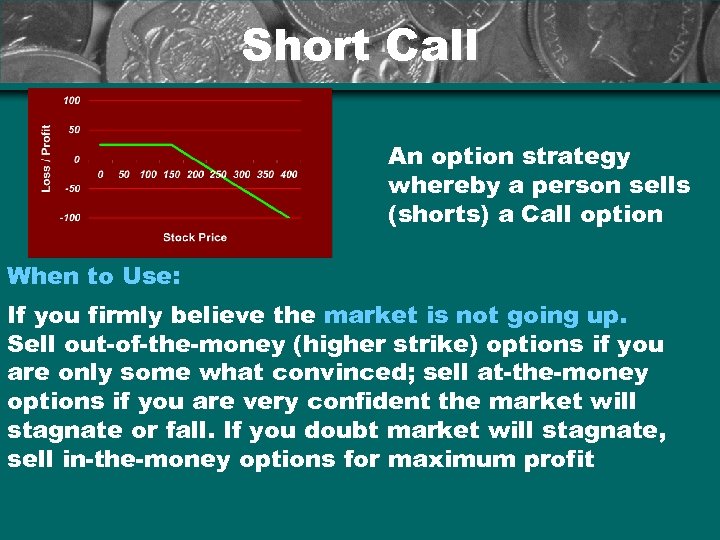 Short Call An option strategy whereby a person sells (shorts) a Call option When