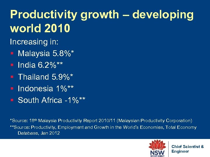 Productivity growth – developing world 2010 Increasing in: § Malaysia 5. 8%* § India