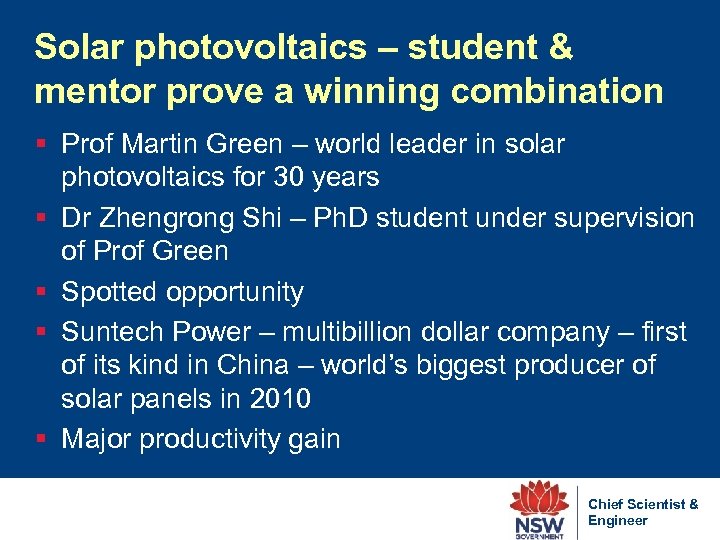 Solar photovoltaics – student & mentor prove a winning combination § Prof Martin Green