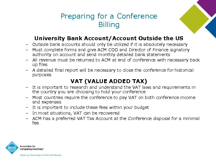 Preparing for a Conference Billing University Bank Account/Account Outside the US – Outside bank