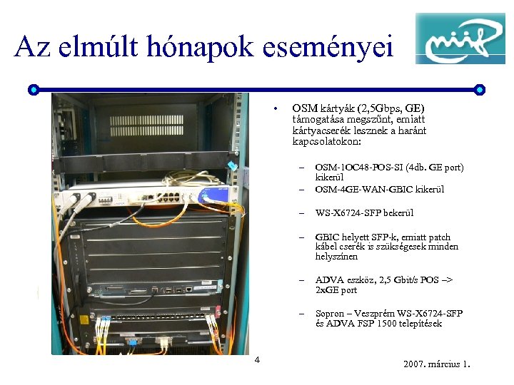 Az elmúlt hónapok eseményei • OSM kártyák (2, 5 Gbps, GE) támogatása megszűnt, emiatt