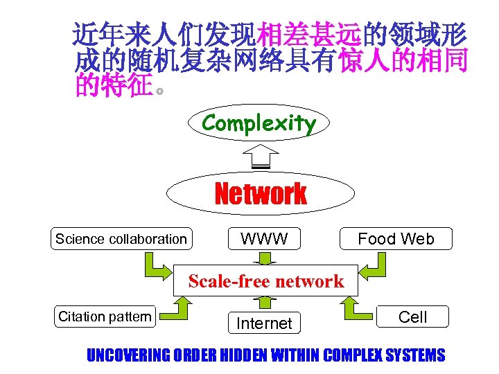 近年来人们发现相差甚远的领域形 成的随机复杂网络具有惊人的相同 的特征。 Complexity Network Science collaboration WWW Food Web Scale-free network Citation pattern