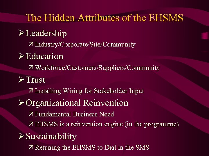 The Hidden Attributes of the EHSMS Ø Leadership ä Industry/Corporate/Site/Community Ø Education ä Workforce/Customers/Suppliers/Community