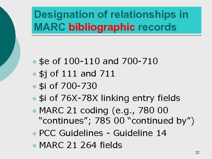 Designation of relationships in MARC bibliographic records $e of 100 -110 and 700 -710