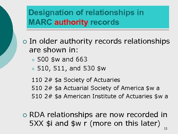 Designation of relationships in MARC authority records ¡ In older authority records relationships are