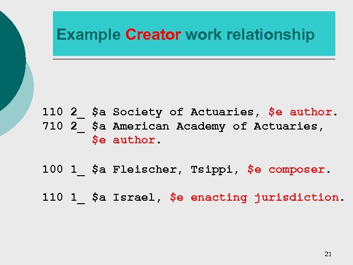 Example Creator work relationship 110 2_ $a Society of Actuaries, $e author. 710 2_