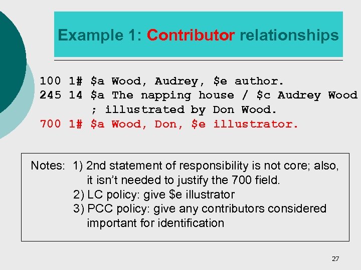 Example 1: Contributor relationships 100 1# $a Wood, Audrey, $e author. 245 14 $a