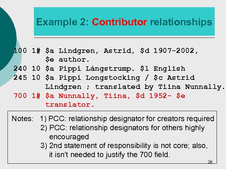 Example 2: Contributor relationships 100 1# $a Lindgren, Astrid, $d 1907 -2002, $e author.