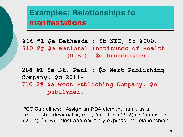Examples: Relationships to manifestations 264 #1 $a Bethesda : $b NIH, $c 2008. 710