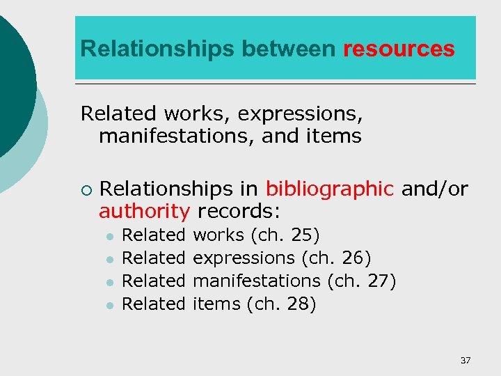 Relationships between resources Related works, expressions, manifestations, and items ¡ Relationships in bibliographic and/or