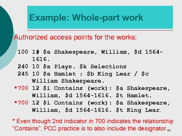 Example: Whole-part work Authorized access points for the works: 100 1# $a Shakespeare, William,