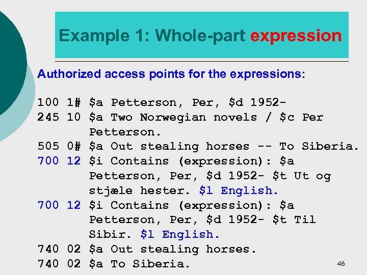 Example 1: Whole-part expression Authorized access points for the expressions: 100 1# $a Petterson,