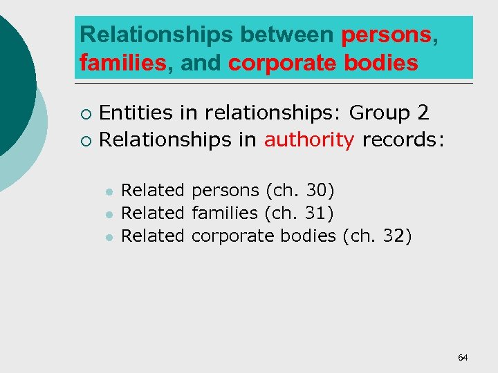 Relationships between persons, families, and corporate bodies Entities in relationships: Group 2 ¡ Relationships