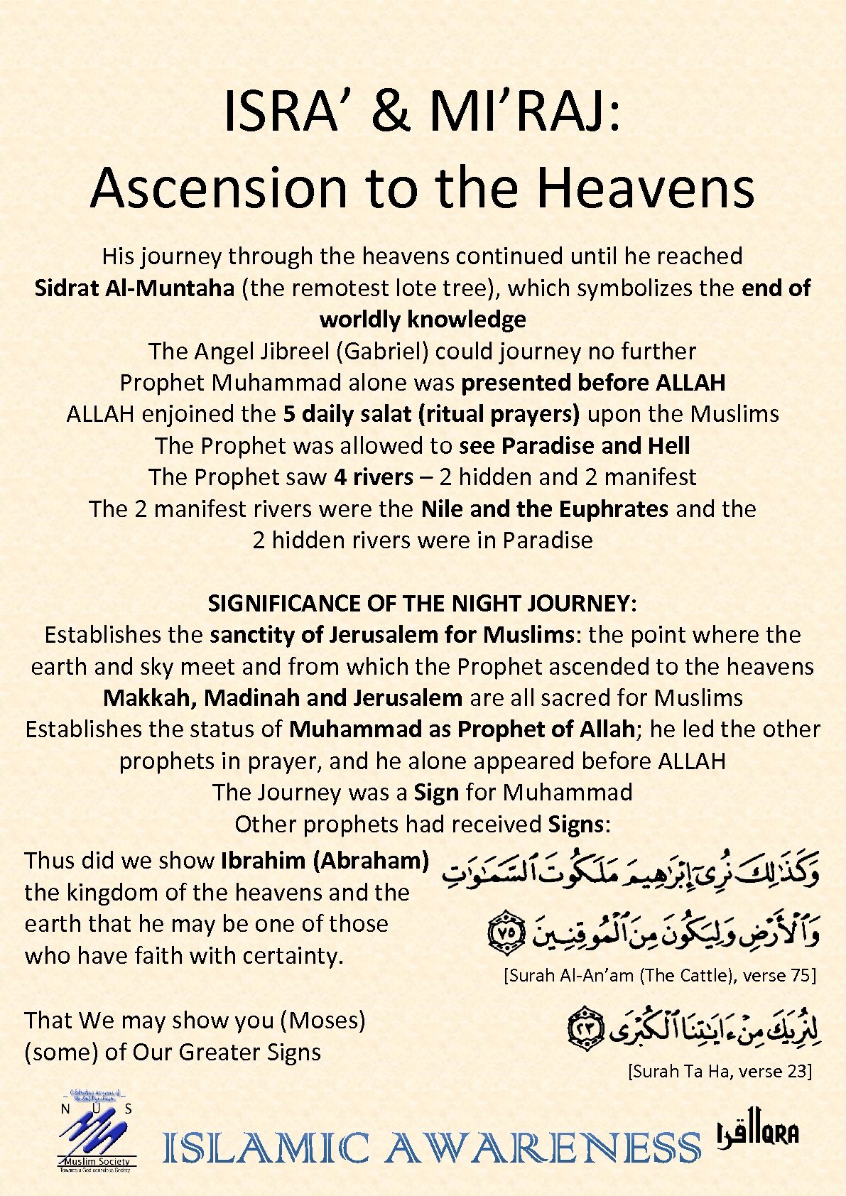 ISRA’ & MI’RAJ: Ascension to the Heavens His journey through the heavens continued until