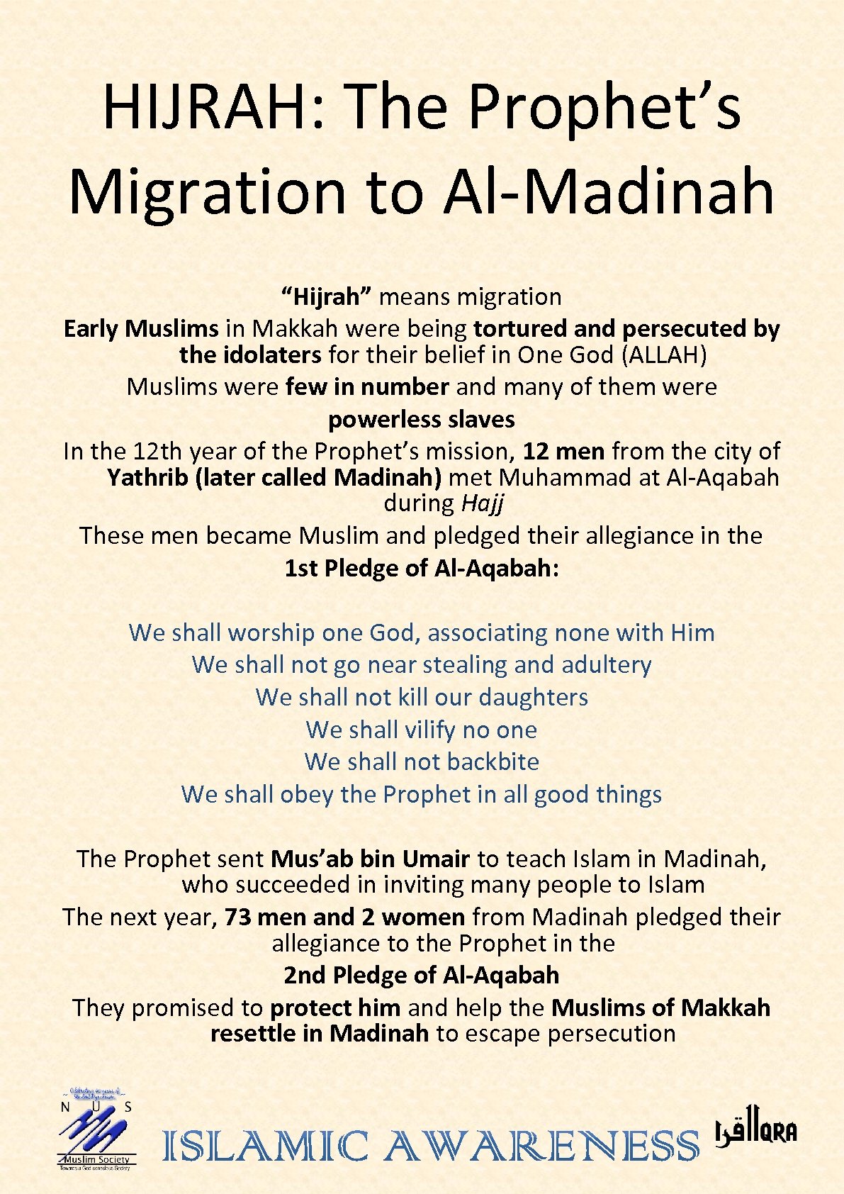 HIJRAH: The Prophet’s Migration to Al-Madinah “Hijrah” means migration Early Muslims in Makkah were