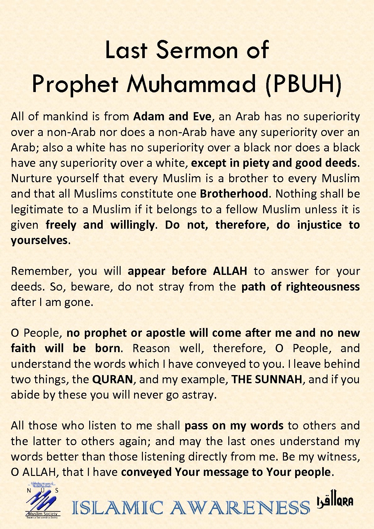 Last Sermon of Prophet Muhammad (PBUH) All of mankind is from Adam and Eve,