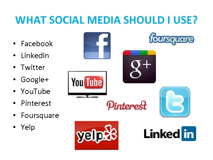 WHAT SOCIAL MEDIA SHOULD I USE? • • Facebook Linked. In Twitter Google+ You.