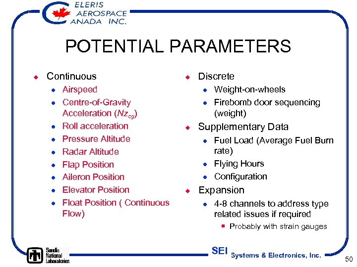 POTENTIAL PARAMETERS ¿ Continuous l l l l l Airspeed Centre-of-Gravity Acceleration (Nzcg) Roll