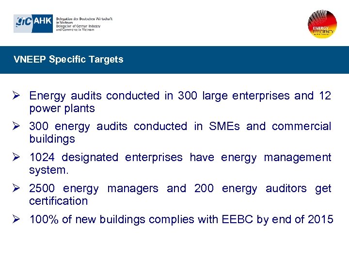 VNEEP Specific Targets Ø Energy audits conducted in 300 large enterprises and 12 power