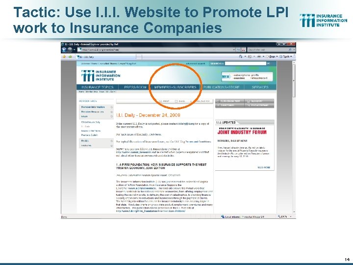 Tactic: Use I. I. I. Website to Promote LPI work to Insurance Companies 14