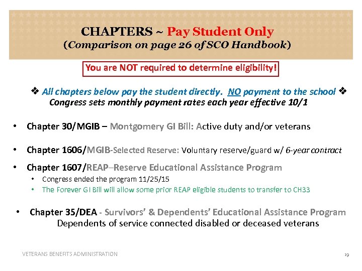 CHAPTERS ~ Pay Student Only (Comparison on page 26 of SCO Handbook) You are