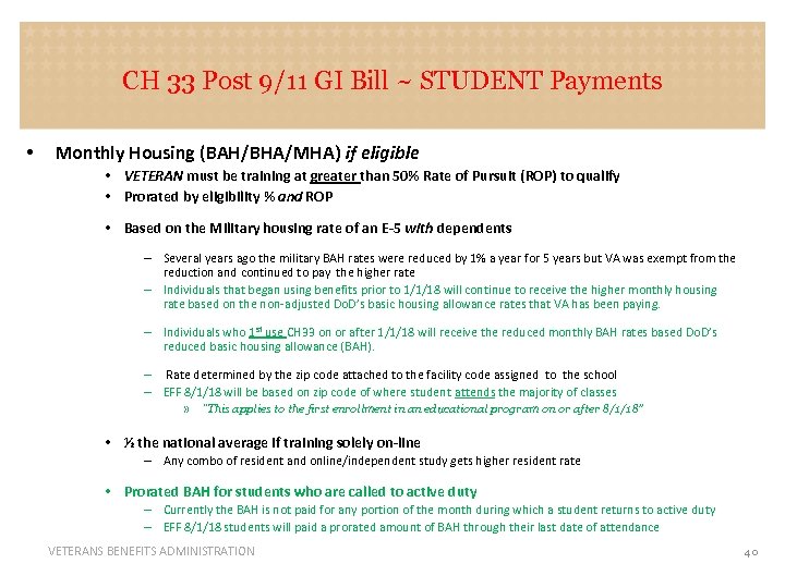 CH 33 Post 9/11 GI Bill ~ STUDENT Payments STUDENT • Monthly Housing (BAH/BHA/MHA)